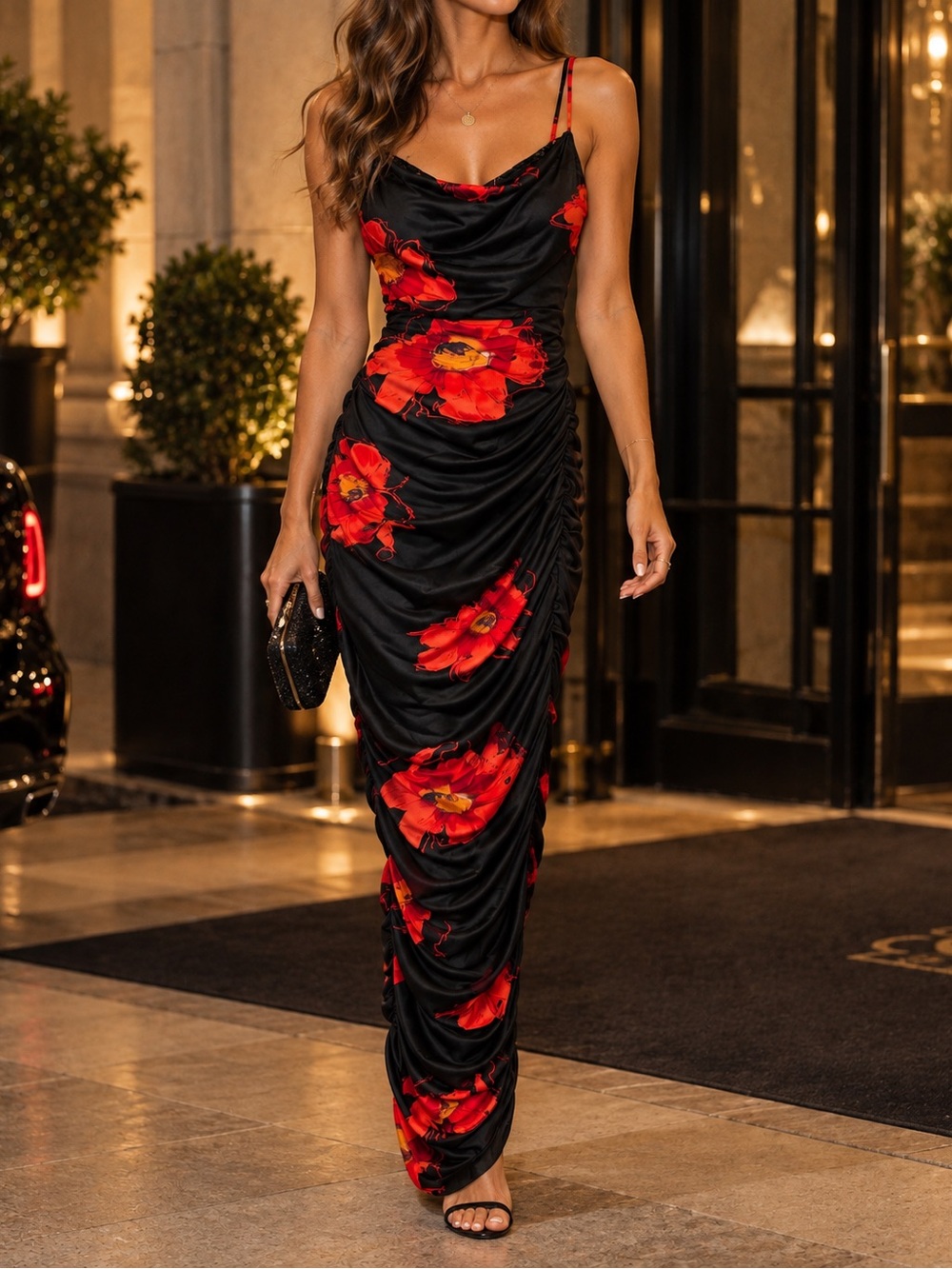 Fashion Nova Black Maxi Dress with Red Floral Print